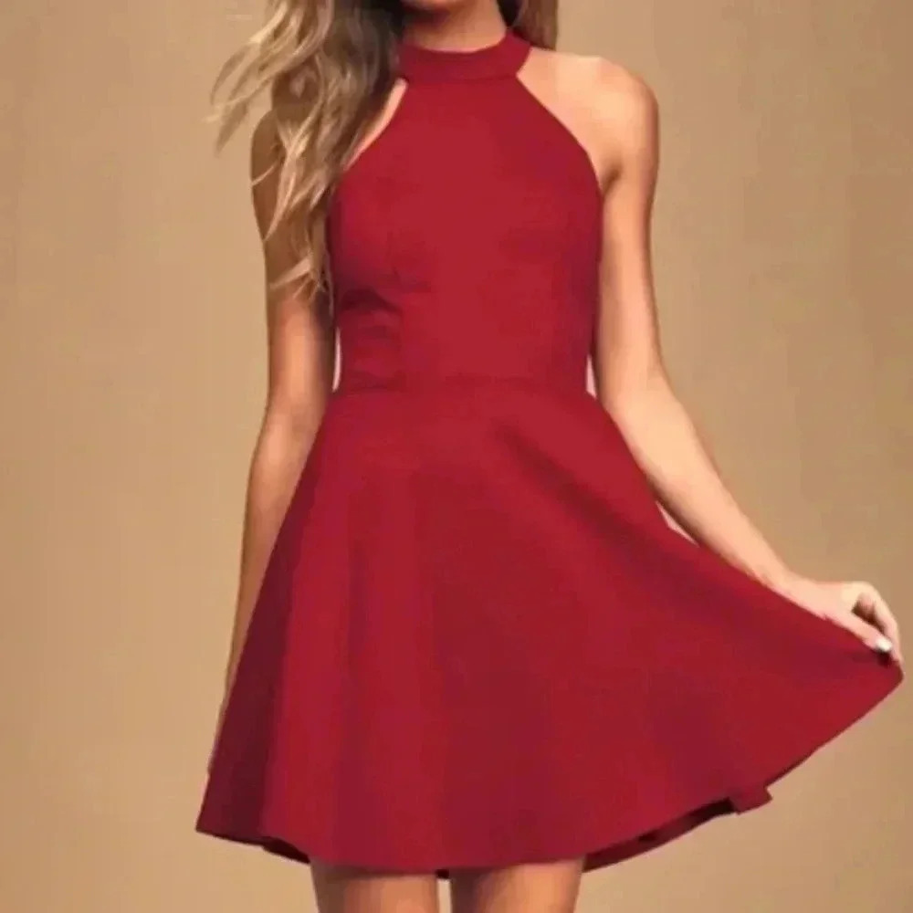 Lulus Hometown Girl Red Wine Lace Skater Mini Dress Halter Open Back | size XL
